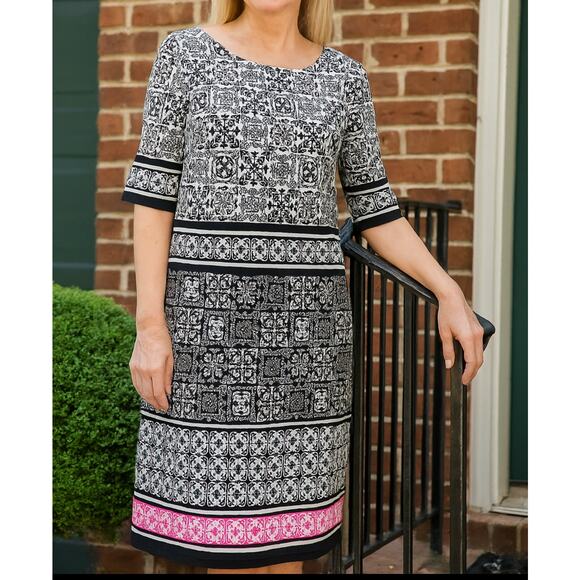 Eliza J Tile Print Dress Shift Black White Pink Stripe Size 10 EJ8M7814 Stretch - Picture 1 of 16